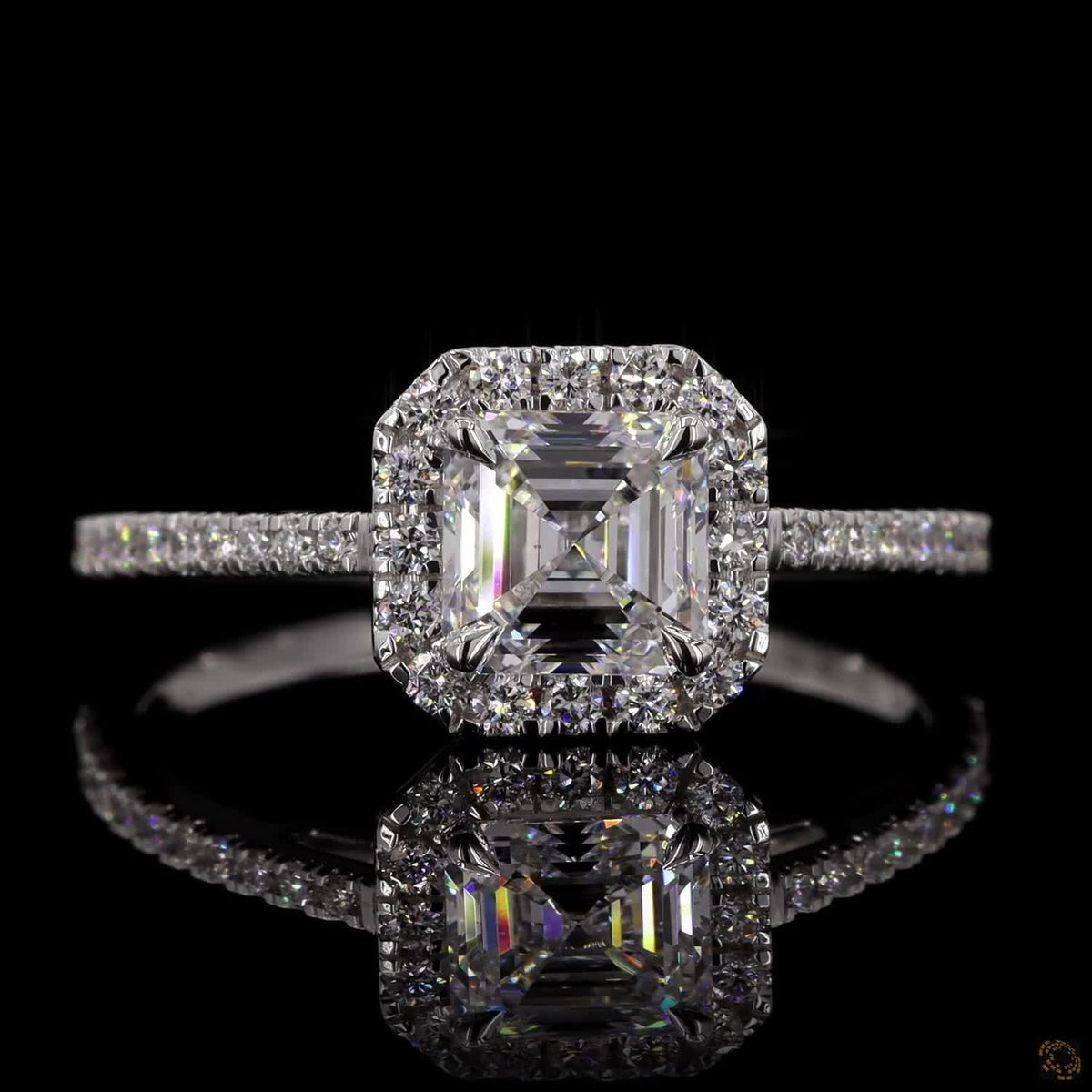 Asscher Cut Halo Engagement Ring with Accent Diamonds in 14K Gold