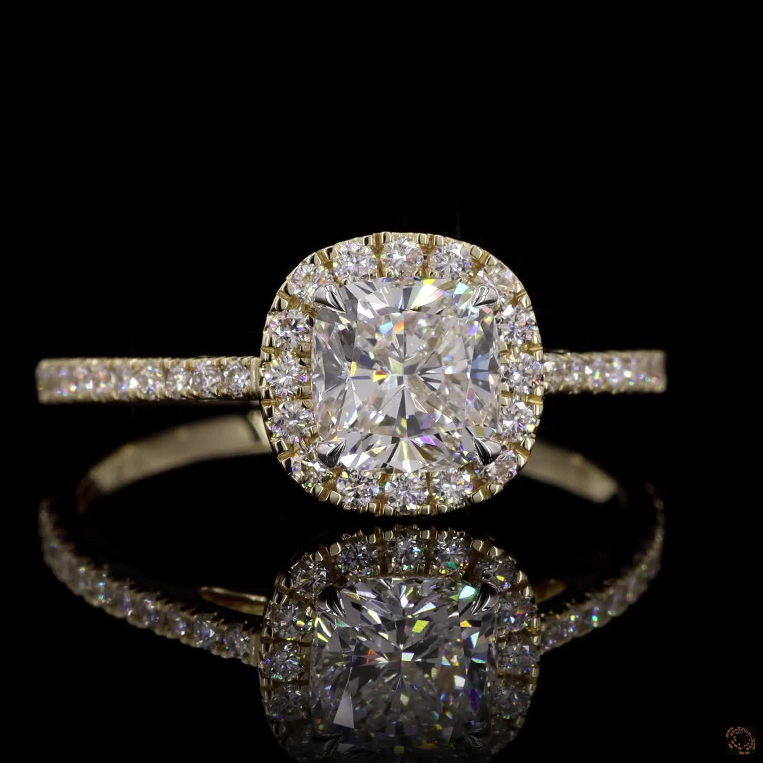 Cushion Halo Engagement Ring with Accent Diamonds in 14K Gold